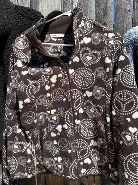Old Navy Black Fleece Jacket with White Heart & Peace Print